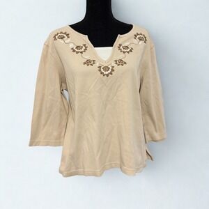 VTG Classic Elements Beige Embroidered Top 3/4 Sleeve Plus Size Grandmacore